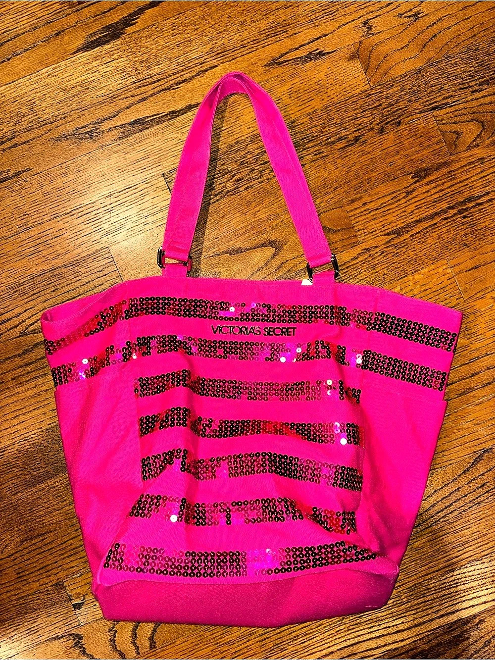 Vintage Victoria's Secret Pink Sequin Stripe Tote Bag Pink & Black